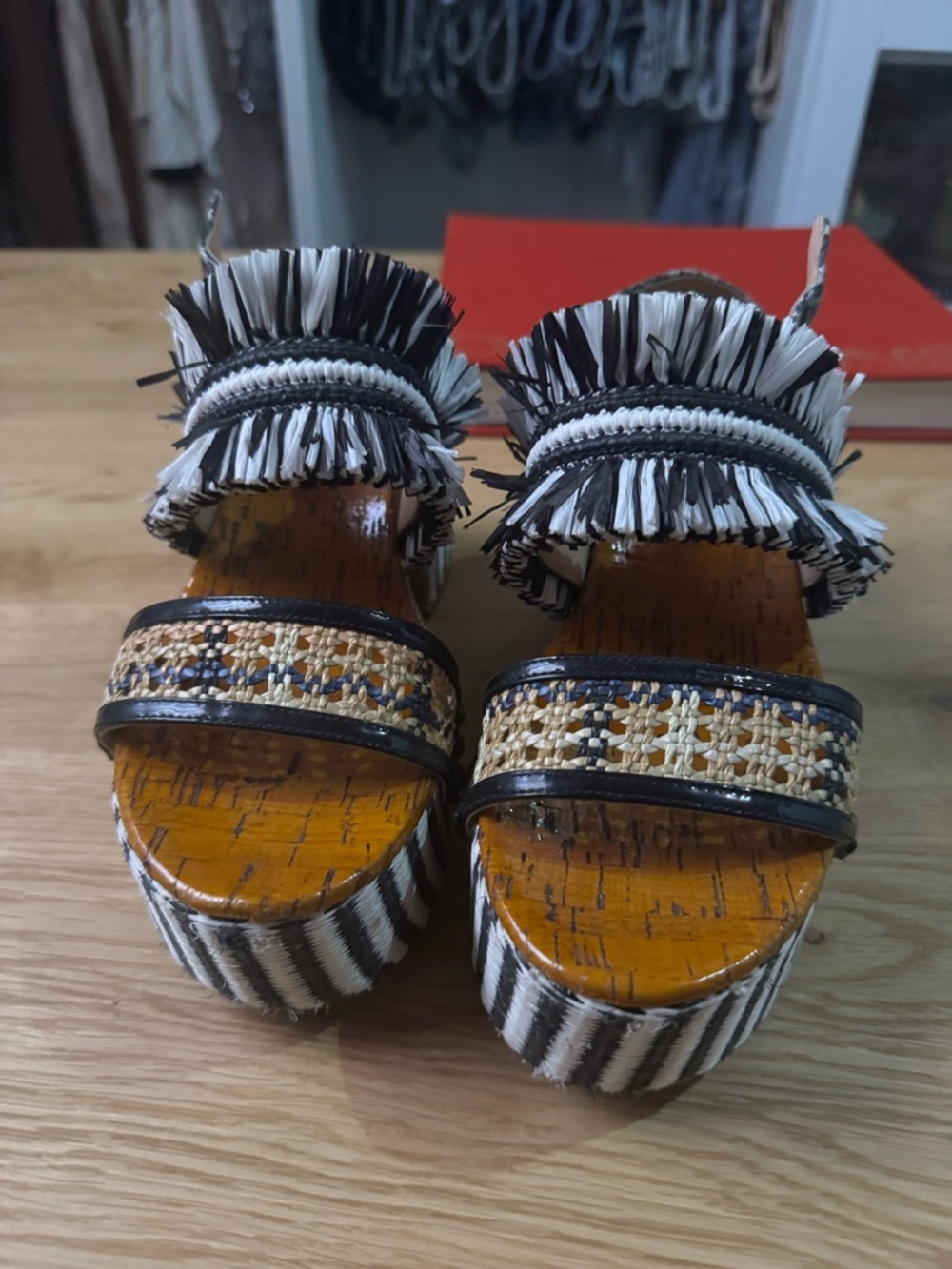 Coach Black & White Woven Platform Sandal with Raffia Strap - Picture 7 of 8